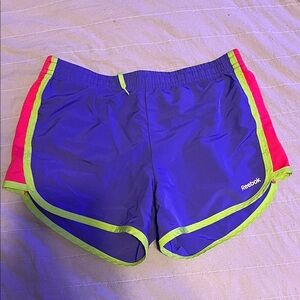 Reebok Purple Shorts with Neon Lime Trim and Pink Panels